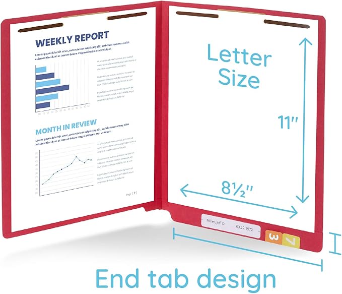 50 Red End Tab Fastener File Folders - Reinforced Straight Cut Tab - Durable 2 Prongs Designed to Organize Standard Medical Files, Receipts, Office Reports, and More - Letter Size, Red, 50 Pack