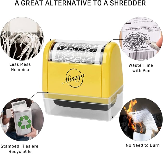 Miseyo Identity Theft Protection Roller Stamp Set - Yellow (6 Refill Ink Incleded)