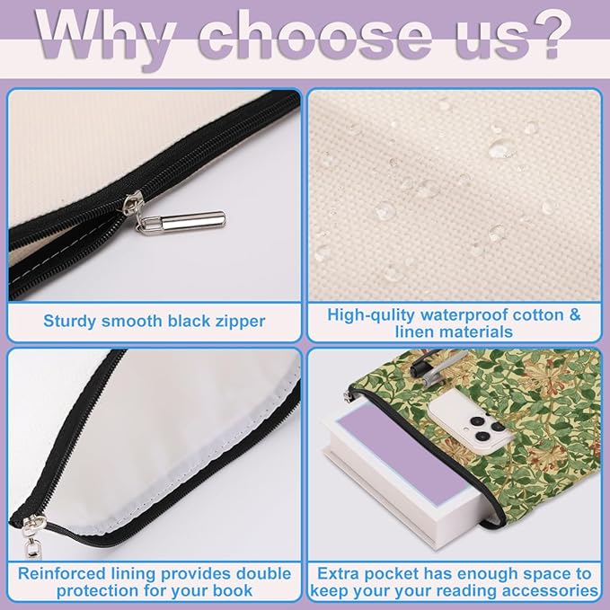 Retro Floral Book Sleeve Book Cover Classic Flower Book Protector with Zipper Christmas Birthday Book Club Gifts Book Accessories for Women Sister Reader Librarian Girls Bookish Book Lovers Gifts