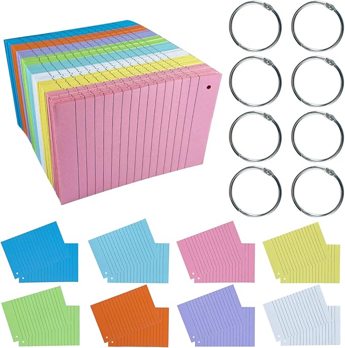 TFLFL Index Cards 4x6 Inch, 600PCS Flash Cards with Rings 8 Colors Ruled Index Cards, Assorted Lined Colored Flashcards, Thin Note Cards Paper, Study Card Memo Scratch Pad for Home Office School
