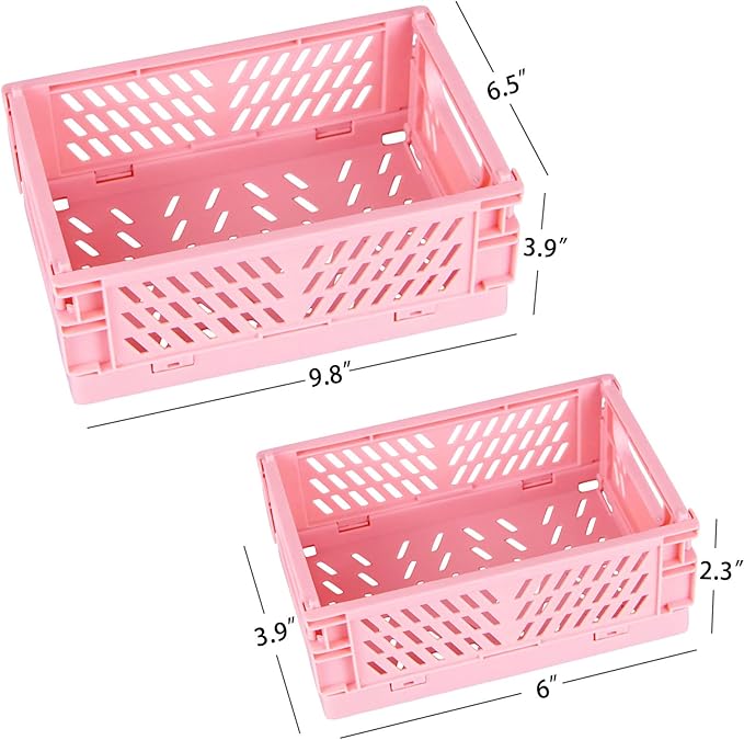 Tixill 2-Pack Mini Foldable Plastic Baskets for Organizing and Storage, Collapsible Storage Crate for Home Kitchen Bedroom Bathroom Office (9.8x6.5x3.8, Pink)