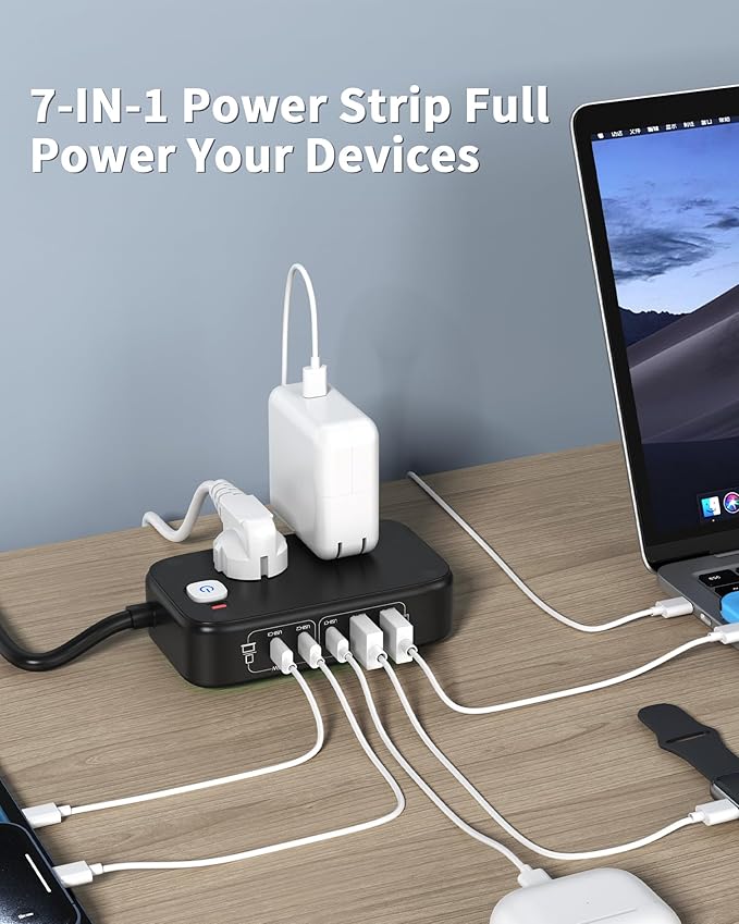 USB C Power Strip 65W, Outlet Extender with 2 AC Ports, 3 USB-C Ports, 2 USB-A Ports, Surge Protector GaN USB Charger Station for Laptop/Phone and More
