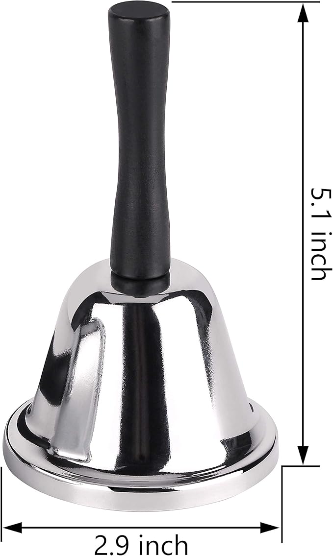 MROCO Loud Hand Bell, 2 Pack Silver Steel Hand Bells for Adults, Dinner Bells for Inside Classroom Bell, for Food Line, Alarm, Jingles, Ringing