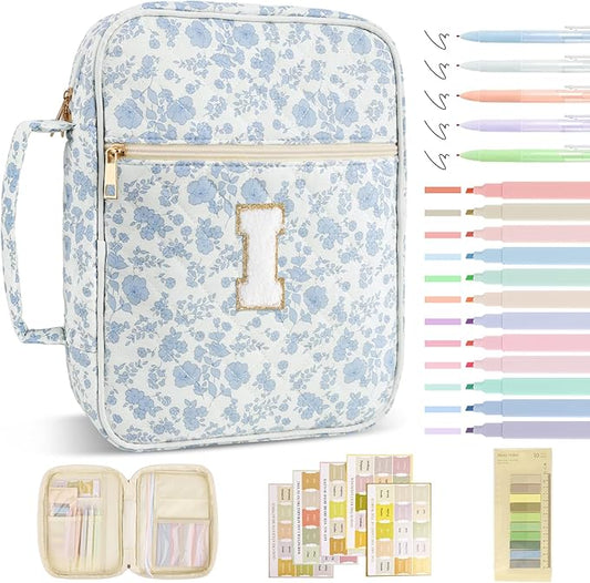 Personalized Initial Bible Cover Case for Women Girls Kid - Large Quilted Bible Case with Handle, Stylish Chenille Letter Bag Study Supplies, Perfect Christmas Gifts for Christians (Blue Flower-I)