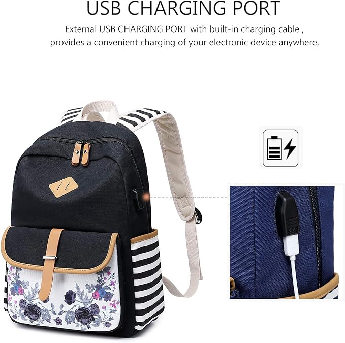 goldwheat Canvas Backpacks for Girls with USB Charging Port School Bookbag