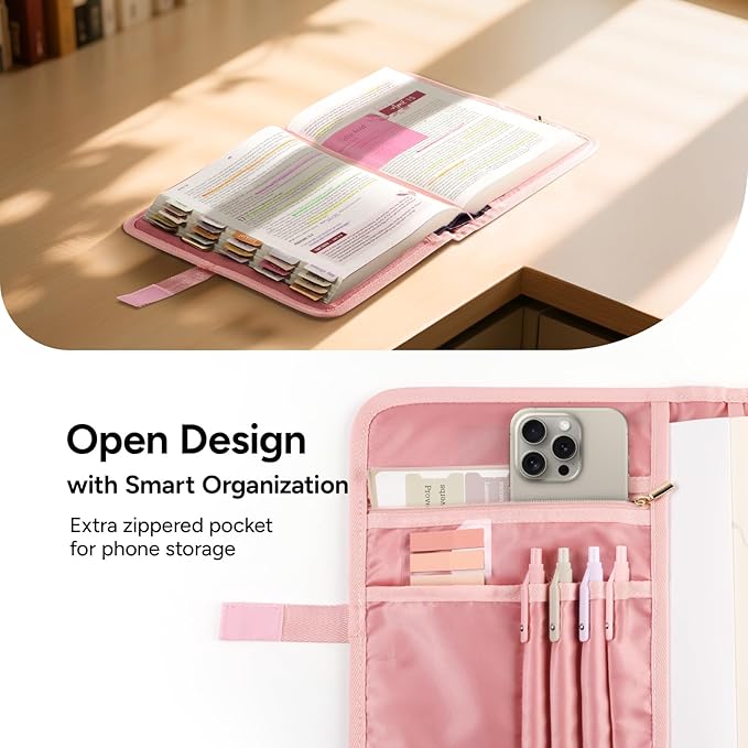 Adjustable Bible Cover with 75 Bible Tabs - Bible Cover Case for Women，Waterproof, Washable Quilted Bible Case，Reusable Christian Gifts for Women (Pink, M)