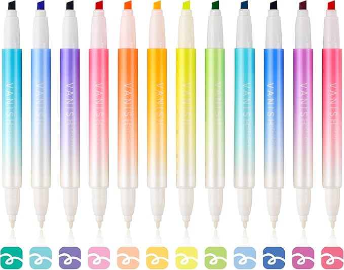 Erasable Highlighters Assorted Colors 12 Pack, Dual Tip Erasable Markers Pens, Chisel Tip Smooth Writing Journaling Highlighters School Office Supplies