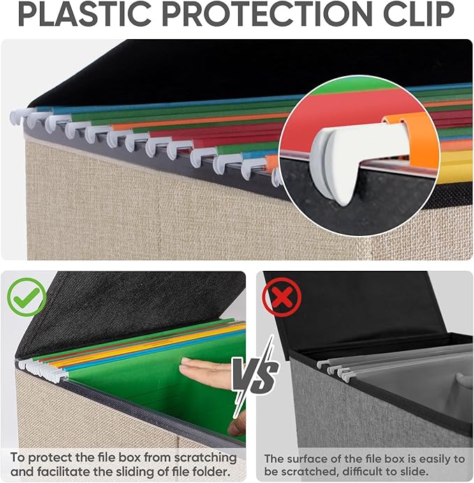 BALEINE File Organizer Box with Lid, Collapsible File Folder Organizer with Plastic Slide, Hanging File Folder Box for Office Document Storage (1 Pack, Beige)