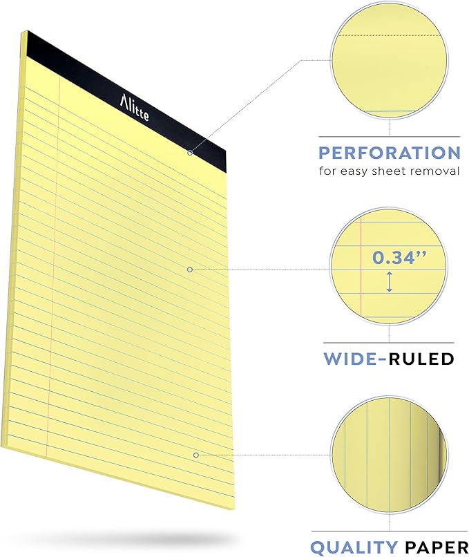 Yellow Legal Notepads 8.5 x 11, Pack of 12 - Perforated Wide Ruled Writing Pad - Premium Thick Paper, No Ink Bleeding - Blank Legal Pads For Home, Office, School, Business - 50 Sheets Per