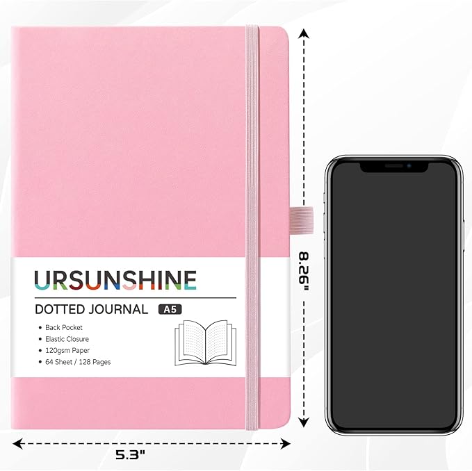 Dotted Journal/Notebook - Dot Grid Hard Cover Notebook, Premium Thick Paper with Fine Inner Pocket, Black Smooth Faux Leather, Pen Loop, 5.3'' x 8.26'' - Pink