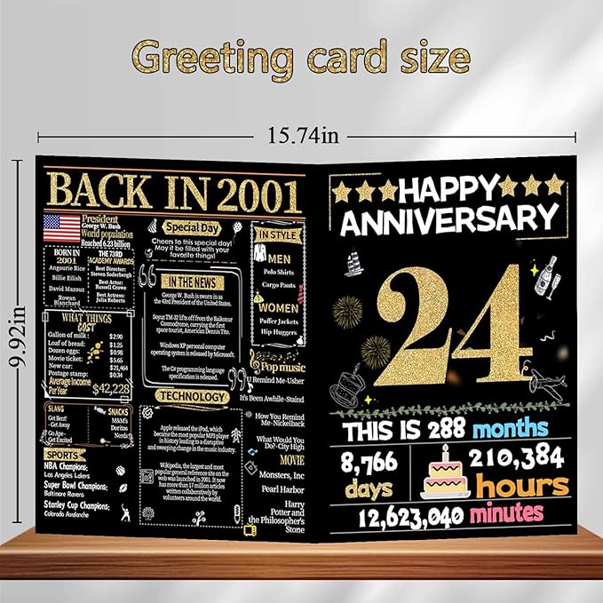 Joycard 24th Anniversary Card for Women Men, Gold Wedding Card for Wife Husband, Sweet Marriage Decorations Gifts for Couple, Perfect for Her Him on Anniversary Day, Back in 2001