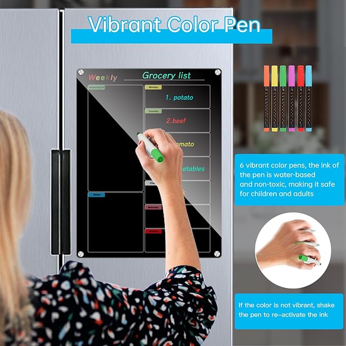 Fridge Calendar Meal Planning Board, Dry Erase Acrylic Magnetic Monthly Weekly Calendar Planner for Refrigerator with 6 Colors Markers (Black-Weekly(15.7x11.8))