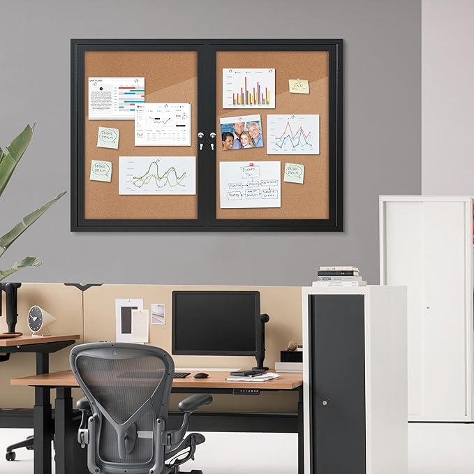 48"x34" Enclosed Bulletin Board, Outdoor Lockable Weather-Resistant Aluminum Cork Noticeboard for School & Office, Black Frame w/Cork