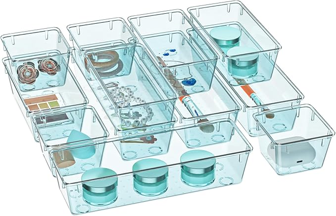 WOWBOX 12 Pack Clear Drawer Organizer Set, Acrylic Drawer Storage Trays, Storage Bins for Makeup, Cosmetics, Jewelries, Utensils, Gadgets, Office, Sea Blue