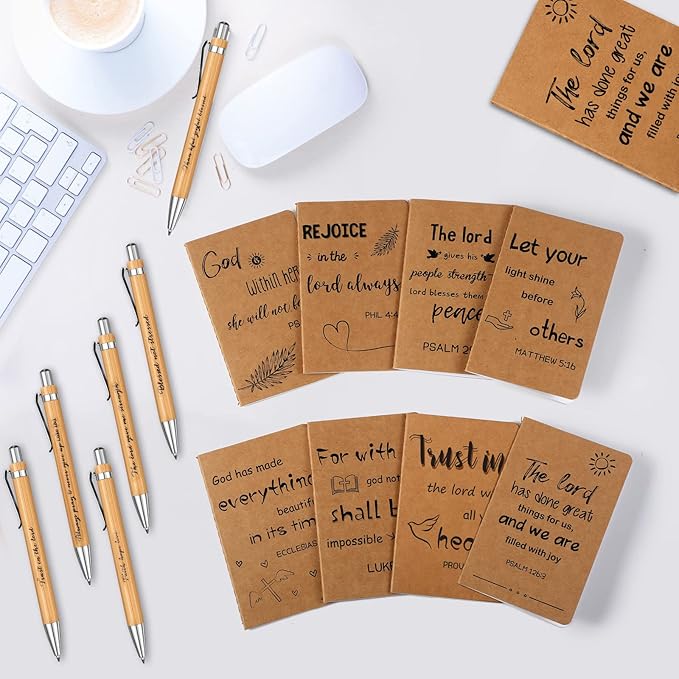 Funrous 32 Pcs Motivational Quote Pens Inspirational Notepads Mini Journal with Ballpoint Pen Small Notebooks Gift Set for Men Women Coworkers, Adult Party Favors Prizes Gift Bulk(Bible)