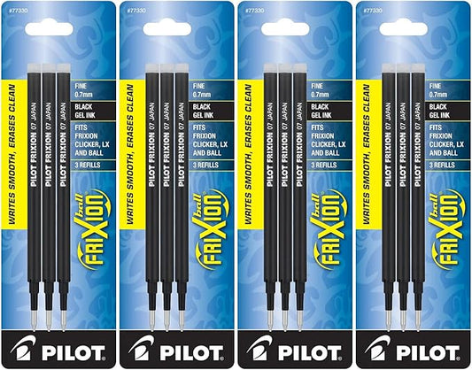 PILOT FriXion Gel Ink Refills for Erasable Pens, Fine Point, Black Ink, 4 Pack of 3 Reffils each (77330)