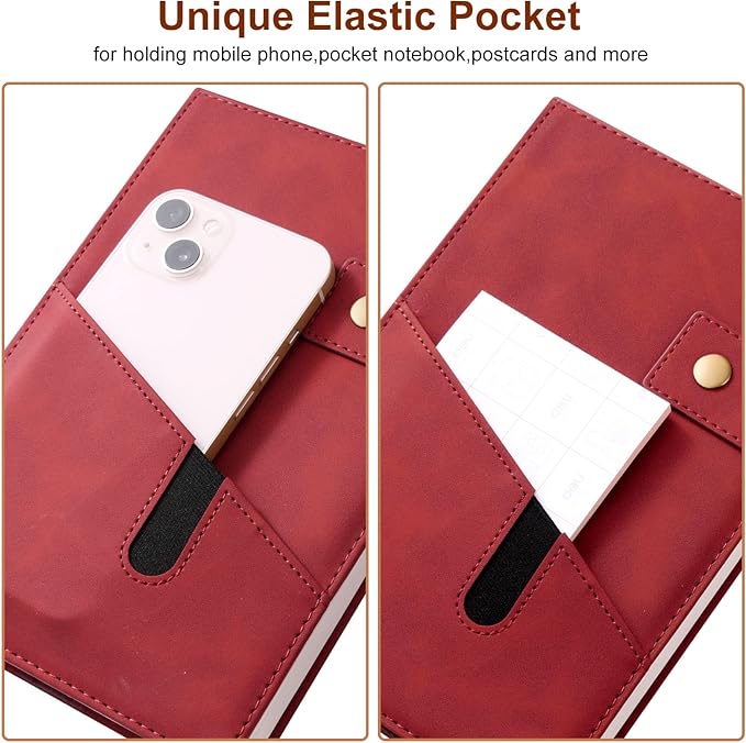 A5 Leather Journal Notebook with Pen, 200 Pages Hardcover Journal with Pocket, 100gsm Thick Lined Paper Daily Diary for Men and Women, Great Gift for Business School Travel Personal - Red