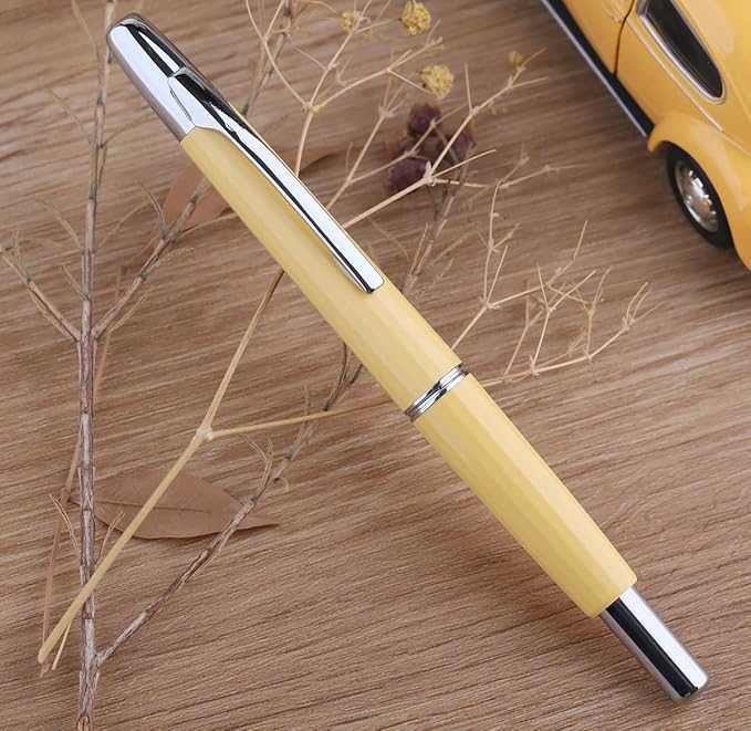 Majohn A2 Press Fountain Pen Extra Fine Nib with Box, Retractable Yellow Resin Ink Pen with Converter Writing Pen Set (Silver Clip Version）