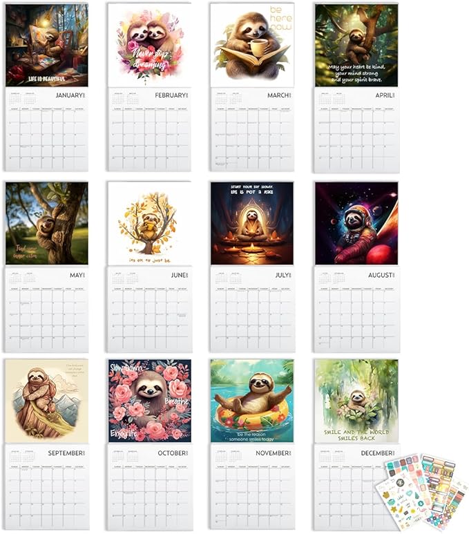 Sloth Calendar 2025 with Sticker Pack, Large 12 x 12 inch Wall Calendar, Mindfulness Wall Calendar, Inspirational Sloth Gift and Sticker Pack