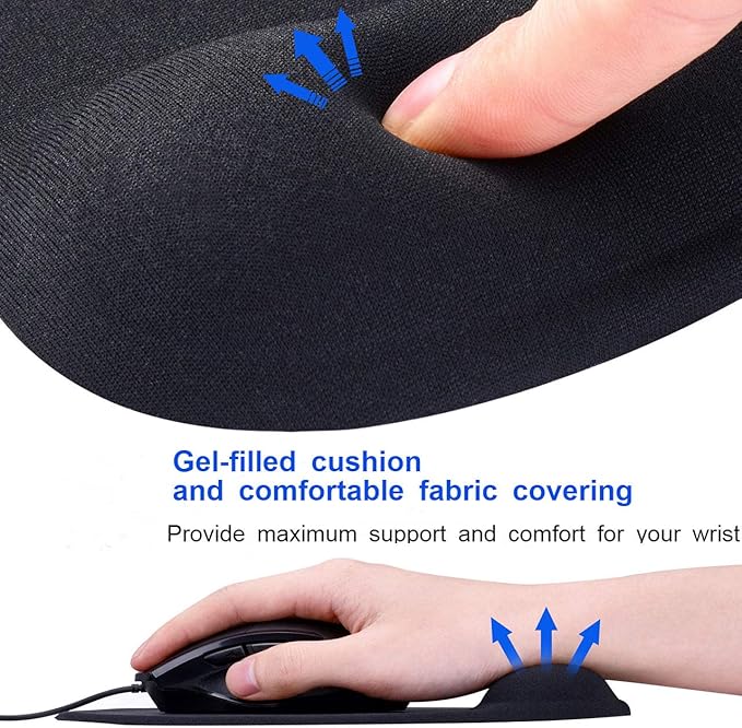 JIKIOU Mouse Pad, 2 Pack Ergonomic Mouse Pads with Comfortable Gel Wrist Rest Support and Lycra Cloth, Non-Slip PU Base for Easy Typing Pain Relief Durable and Easy to Clean Small Black