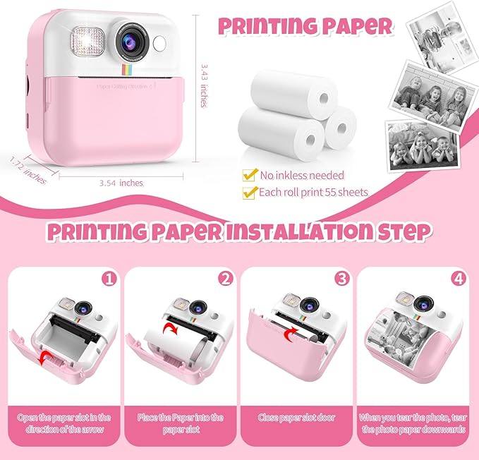 Kids Instant Print Camera, 1080P for Girls & Boys Age 3-10, Pink with 3 Roller Photo Paper