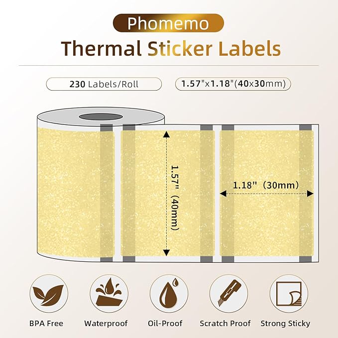 Phomemo Transparent Thermal Labels for M110/M120/M220/M150/M250/M221 Label Maker, Self-Adhesive Thermal Label 1.57"x1.18"(40x30mm),230 Labels/Roll, for Barcode,Address, Name, Golden