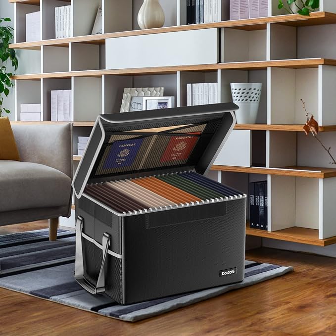 DocSafe File Box Fireproof File Storage Organizer Box with Lid,Collapsible Document Storage Filing Box for Hanging Letter/Legal Folder,Portable Home Office Safe Box Cabinet with Handle,Black,2 Pack