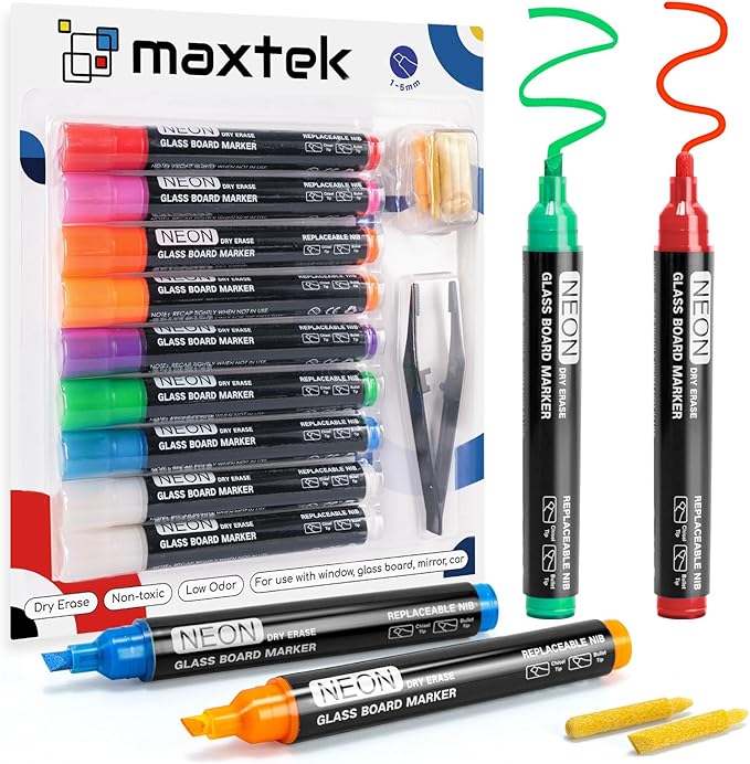 maxtek Neon Dry Erase Markers for Glass,Window Markers for Dry Erase Board,Chalkboard,LED Note Board,Acrylic Refrigerator Calendar,Chisel Tip,Low Odor,Assorted Colors,9 Count