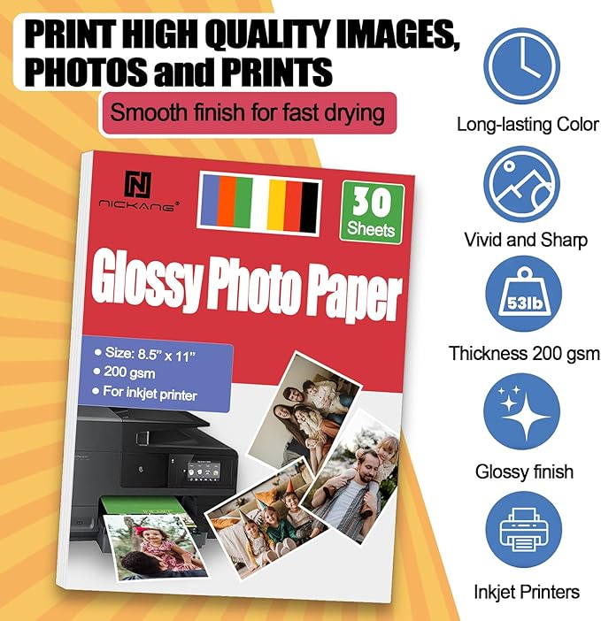 Glossy Photo Paper 8.5x11, Photo Paper for Printer, Photo Printer Paper, 8.5x11 Picture Paper for Inkjet Printer, Letter Size, 30 Sheets, 200 gsm