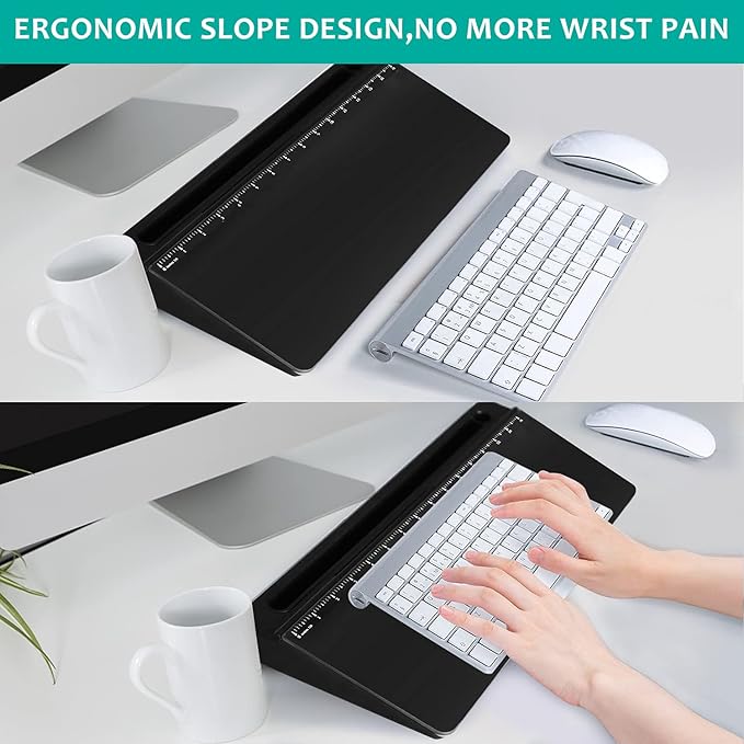 Desk Whiteboard Dry Erase Glass Whiteboard with 15“ Ruler Marker,Tilted Notepad Computer Keyboard Stand with Black Dry Erase Board Surface, Desktop White Board to-do List Memo Notepad,Black