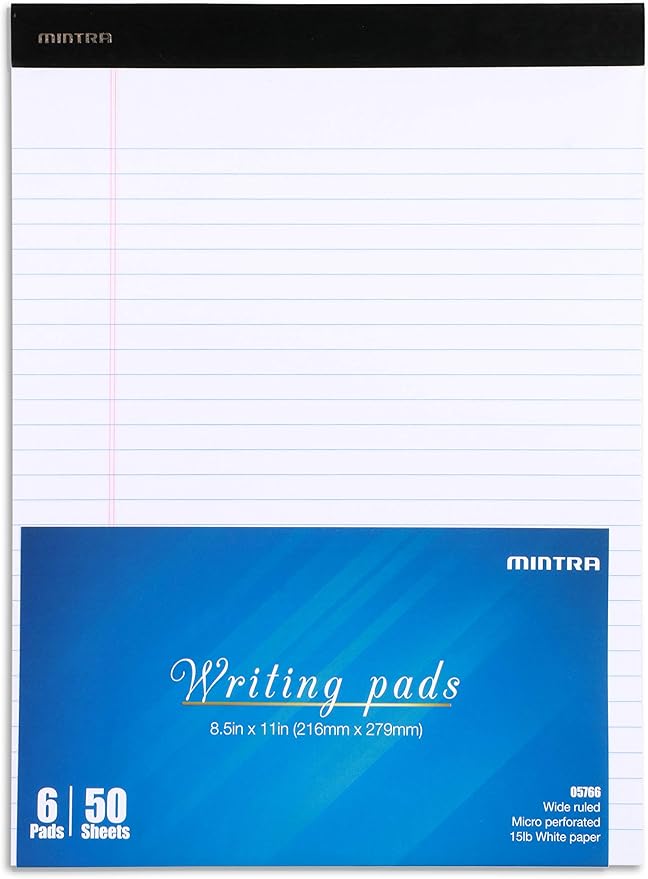 Mintra Office Legal Pads, ((xBasic, 8.5in x 11in, Wide (White), 36pk (6-6pks)), 50 Sheets per Notepad, Micro perforated Writing Pad, Notebook Paper for School, College, Office, Work