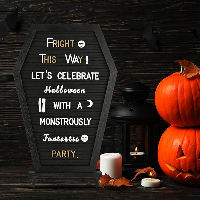 Halloween Coffin Letter Board Black, 725 Pre Cut & Sorted Characters and Wooden Stand, Spooky Wall Decor, Gothic Decor, Spooky Gifts, Halloween Decorations