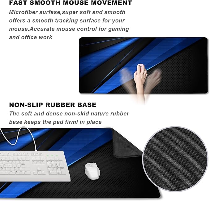 Desk Pad, Large Gaming Mouse Pad,Extended Keyboard Mouse Mat Desk Pad with Non-Slip Rubber Base & Stitched Edge for Computers Laptop Desk Home Office Accessories,Black Blue