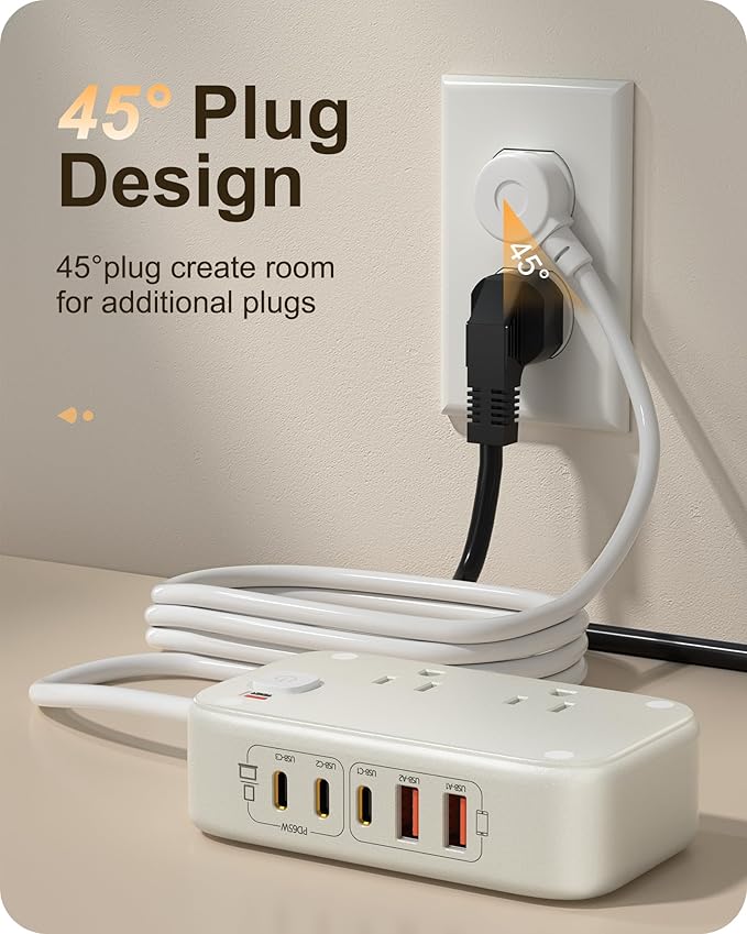 7-in-1 Power Strip, PD GaN 65W USB C Power Strip with 3 USB-C, 2 USB-A Ports and 2500W AC Outlet, Flat Plug Sleek Socket Essentials for Home/Office/College/Travel