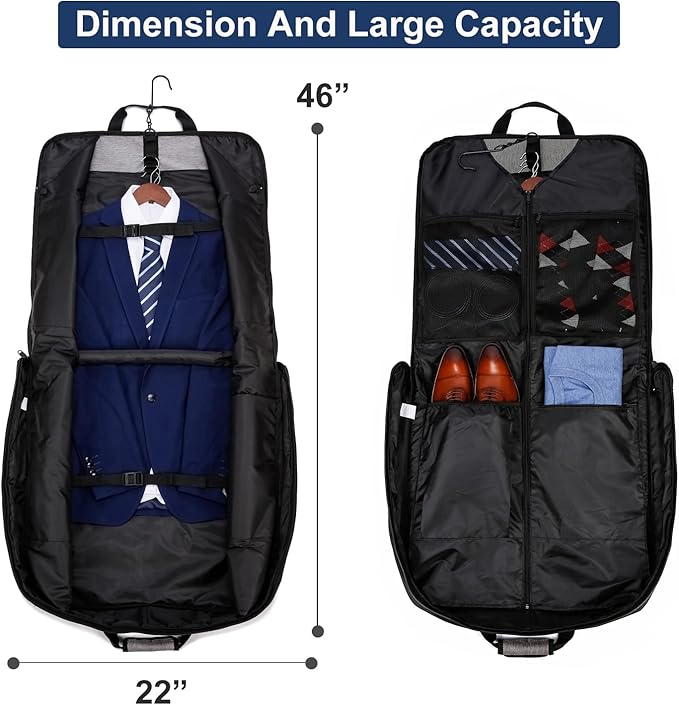Garment Bag Travel Suit Bag for Men Large 40-Inch Carry on Garment Bag Up to 3 Suits for Business Trips,2 in 1 Hanging Suitcase Luggage Bags for Travel,Foldable Carry On Bag Fits 15.6Inch Laptop,Black