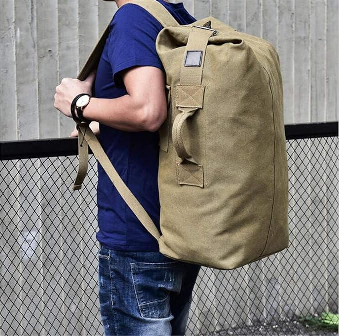 Military Duffel Bag Top Load Double Strap Canvas Backpack Army Travel (upgrade khaki big)