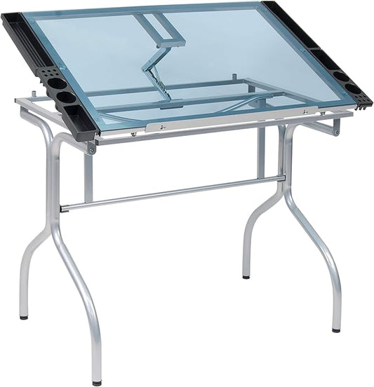 Studio Designs Folding Modern Glass Top Adjustable Drafting Table Craft Table Drawing Desk Hobby Table Writing Desk Studio Desk, 35.25" W x 23.75" D, Silver / Blue Glass
