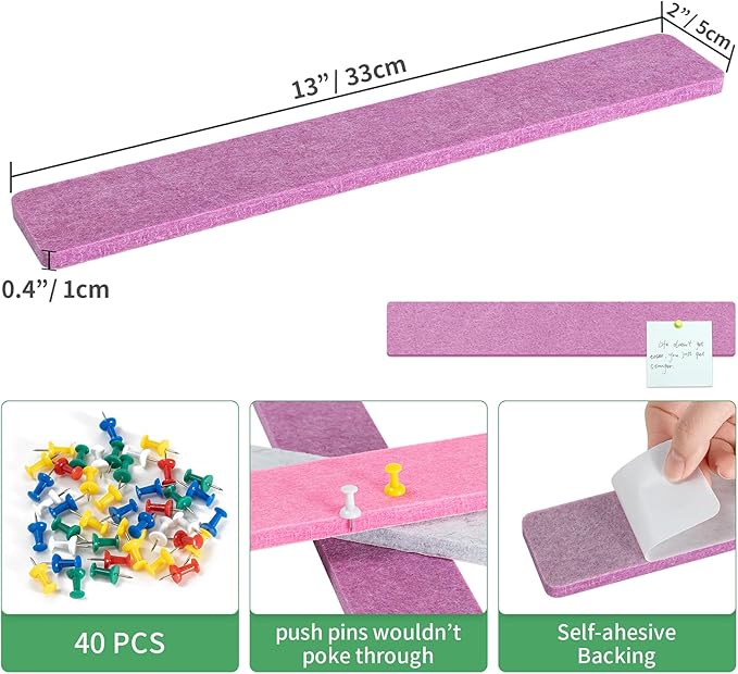 Cork Board for Walls - 8 Pack Felt Pin Board Bar Strips - Self-Adhesive Lightweight Bulletin Board - Cork Board for Office with 40 Push Pins No Damage for Wall