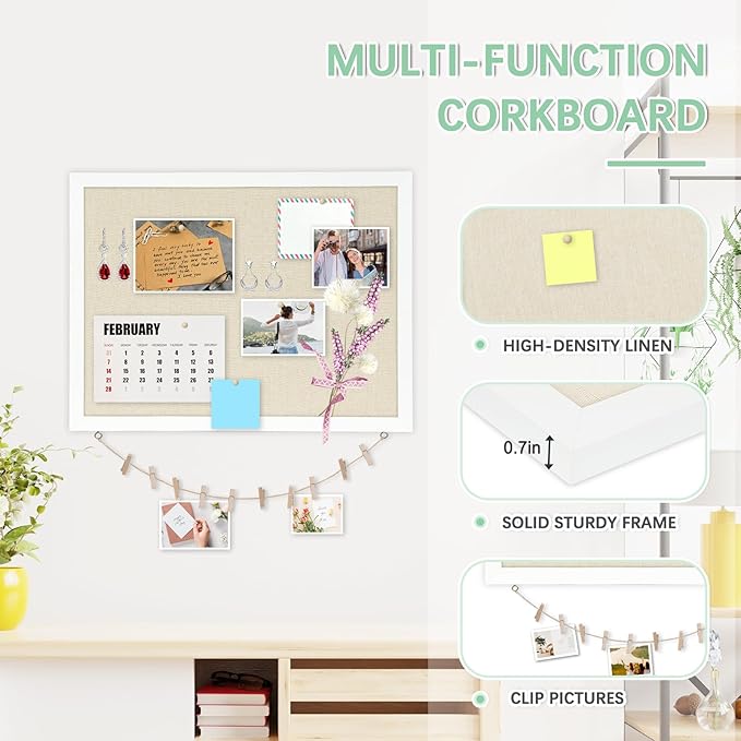 DOLLAR BOSS Cork Board Bulletin Board with Linen Double-Sided 36" x 24" Linen Corkboards for Walls Picture Display Vision Board for Office Home School Framed Picture Pin Board, 20 Pushpins 10 Clips