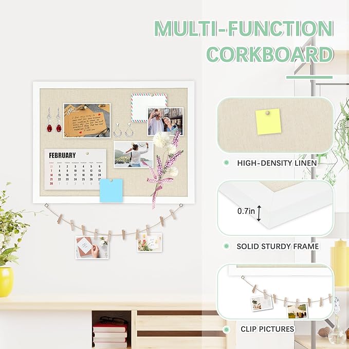 DOLLAR BOSS Cork Board Bulletin Board with Linen Double-Sided 24" x 18" Linen Corkboards for Walls Picture Display Vision Board for Office Home School Framed Picture Pin Board, 20 Pushpins 10 Clips