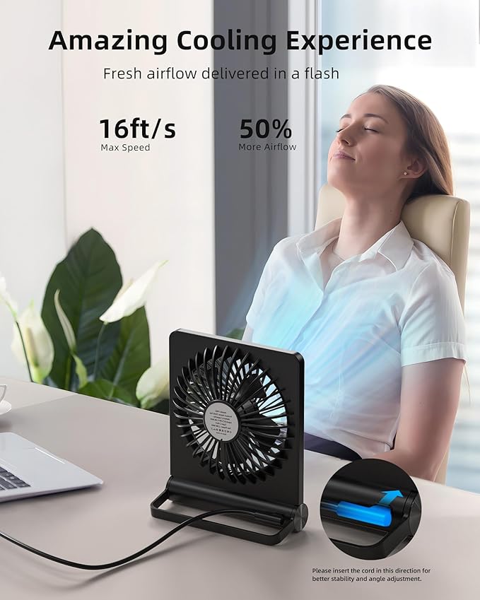 Koonie Desk Fan, Strong Wind Ultra Quiet Small USB Fan 180° Tilt Folding 3 Speeds Adjustable USB-C Powered Personal Fan for Home Office Desktop Black