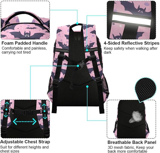 MNSRUU Laptop Backpack with Chest Strap, Cute Bats School Backpack, Travel Hiking Backpack for Boys Girls Teen Adult, Rucksack, Knapsack