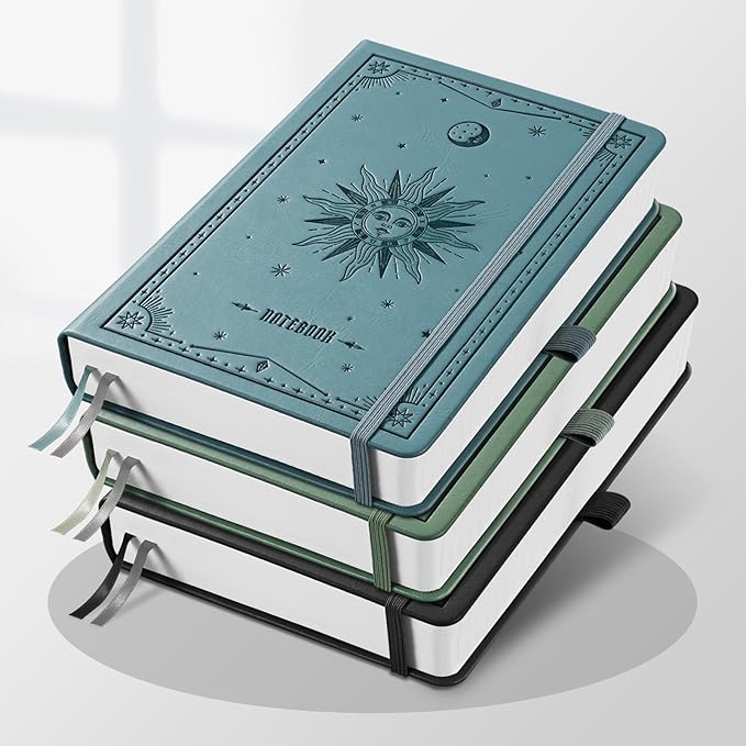 EMSHOI A5 Hardcover Leather Journal - 320 Pages, 100GSM Thick Notebook Lined Journal for Writing Women & Men, College Ruled, Sun Design- GrayBlue (5.75" x 8.38")