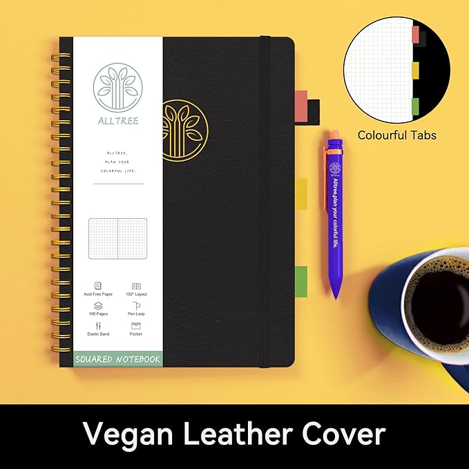 Alltree Spiral Graph Grid Notebook for Work, Leather Hardcover Spiral Notebook with Tabs, Pen Loop, Pocket, Stickers, 160 Pages, Journal for Women & Men, Black(6"x8.5")