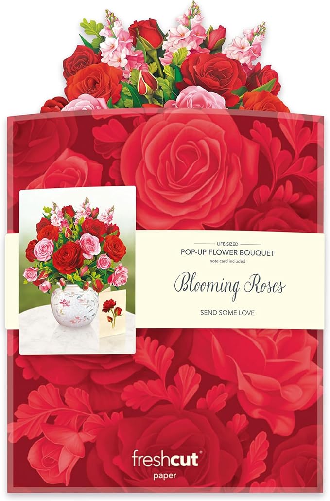 Freshcut Paper Pop Up Cards, Blooming Roses, 12 Inch Life Sized Forever Flower Bouquet 3D Popup Greeting Cards, Valentine's Day, Anniversary Card, Blank Notecard & Envelope