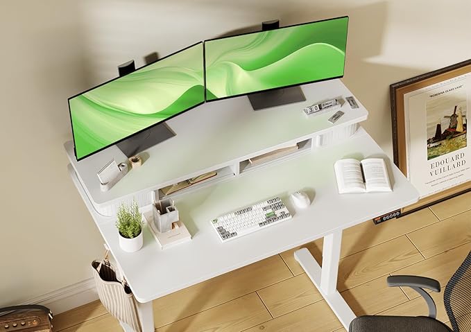 Standing Desk with Roller Shutter Door, Electric Standing Desk Adjustable Height, Adjustable Standing Desk with Storage Shelves, 48 Inch White