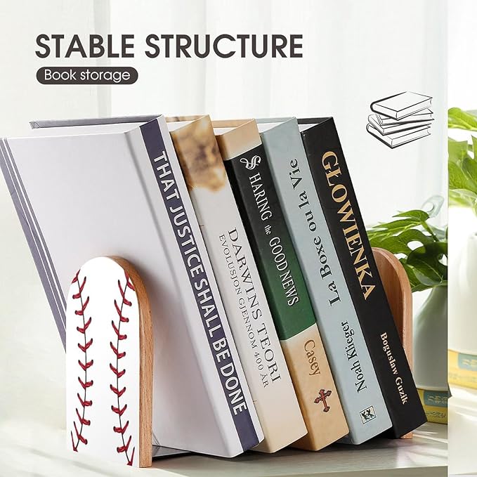 2 Pack Wood Bookends, Sport Baseball Stitches Non-Skid Book Ends for Heave Books, Decorative Bookends for Shelves Desk, Book Stoppers Book Holders for Home Office Library School