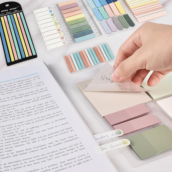 BAYTORY 1610 Sheets Transparent Sticky Notes with Highlighter Tape, Clear Waterproof 3 x 3 inch See Through Memo Pad, Self-Adhesive Translucent Writable Index Tabs for Annotating Books