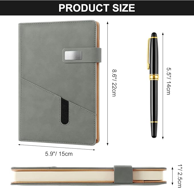 A5 Lined Leather Journal with Pen, 240 Pages Refillable Hardcover Notebook with Pocket and Magnetic Buckle, 80gsm Thick Daily Diary for Men and Women, Great Gift for Business Travel Personal - Gray