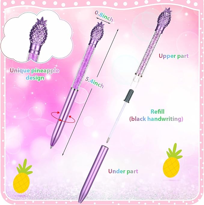 24 Pieces Big Crystal Diamond Pens Bling Ballpoint Pen Black Ink Rhinestones Pen for School Office Supplies Christmas Wedding Birthday Present, 4 Colors(Pineapple Style)